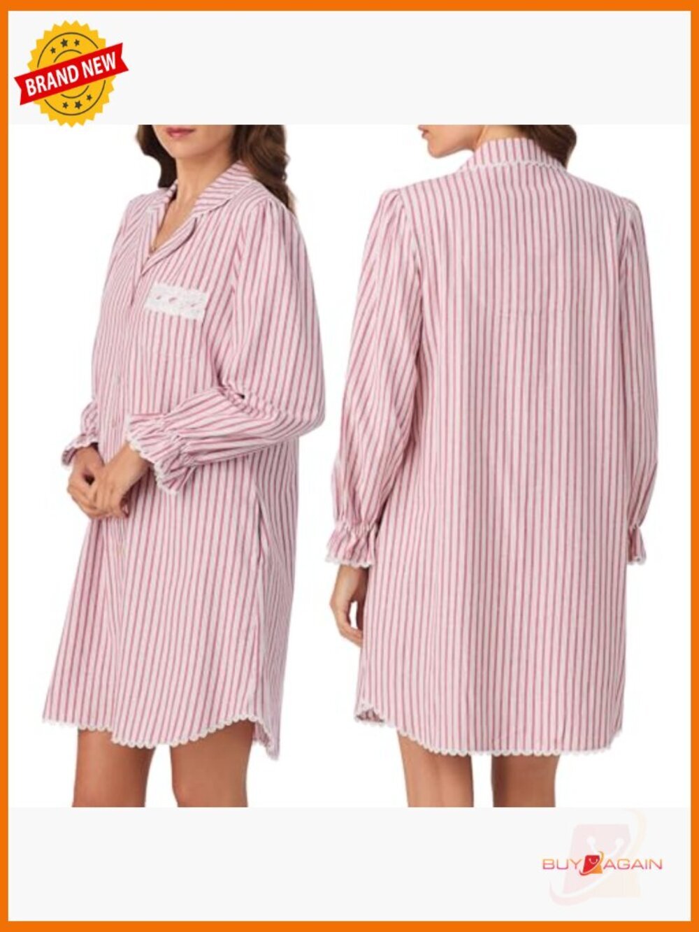 Long Sleeve Brushed Flannel Nightshirt w/ Lace Trim & Pockets - Picture 2 of 2